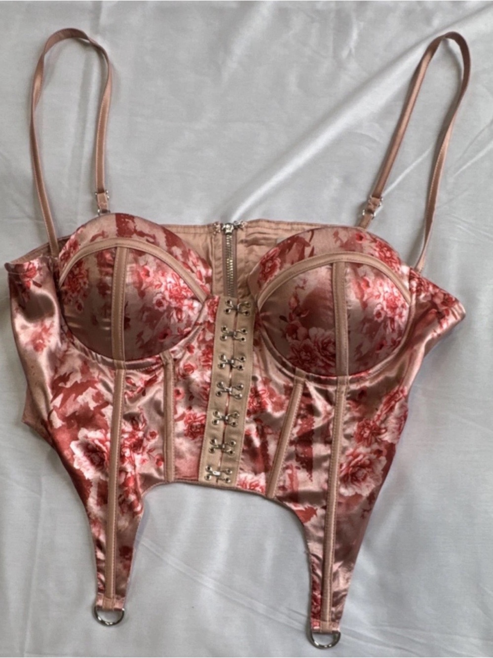 Fashion Nova Rose Floral Satin Bustier in Blush Pink and Rose